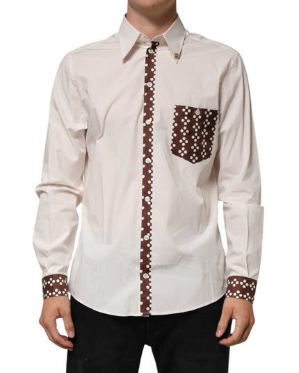 Dolce & Gabbana Cream White Cotton Polka Dot Slim Fit Shirt