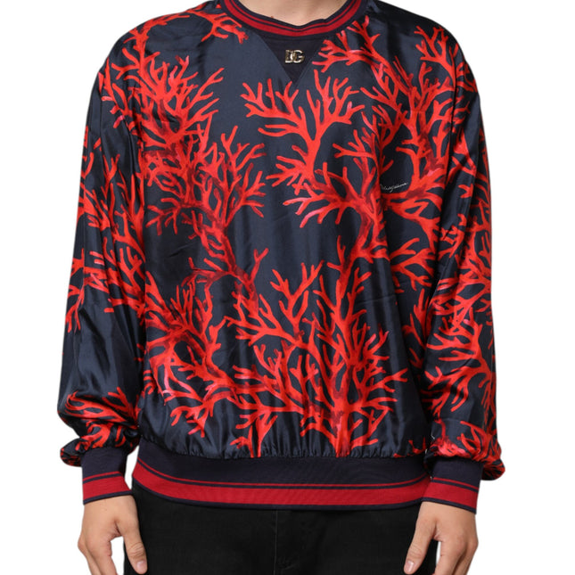 Dolce & Gabbana Silk Navy Red Coral Print Pullover Sweater