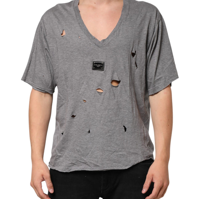 Dolce & Gabbana Gray Cotton Tattered Logo Patch Men T-shirt