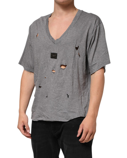 Dolce & Gabbana Gray Cotton Tattered Logo Patch Men T-shirt