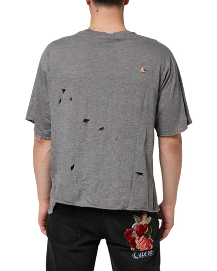 Dolce & Gabbana Gray Cotton Tattered Logo Patch Men T-shirt