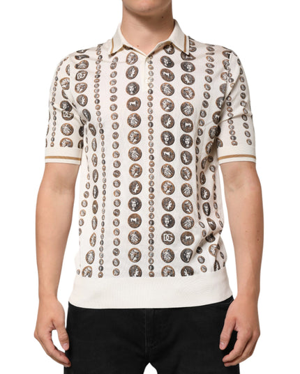 Dolce & Gabbana Silk Ivory Coin Print Logo Men Polo T-shirt