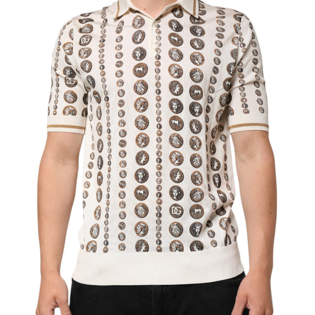 Dolce & Gabbana Silk Ivory Coin Print Logo Men Polo T-shirt