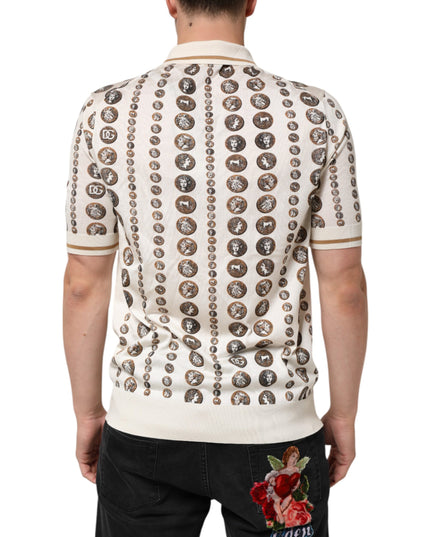 Dolce & Gabbana Silk Ivory Coin Print Logo Men Polo T-shirt