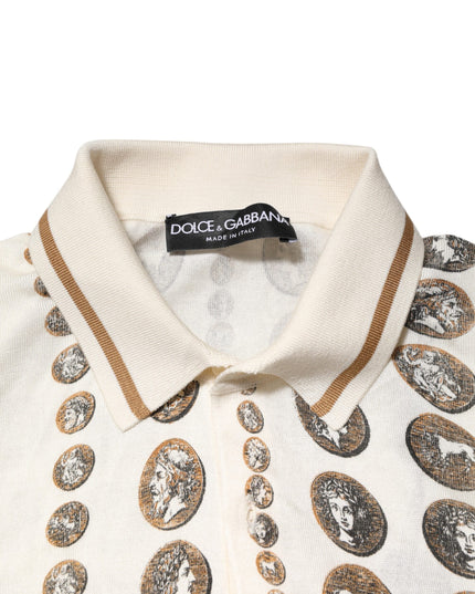 Dolce & Gabbana Silk Ivory Coin Print Logo Men Polo T-shirt