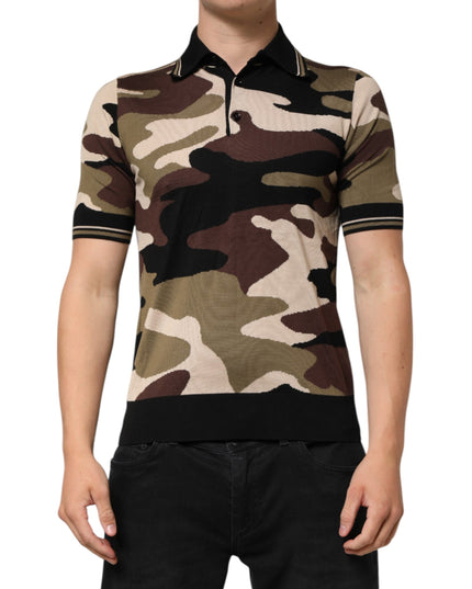 Dolce & Gabbana Camouflage Brown Silk MilitaryPolo T-shirt