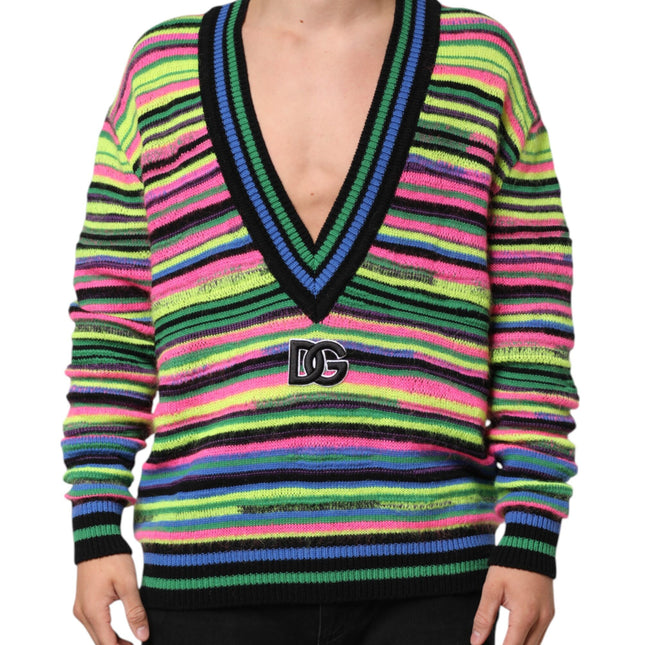 Dolce & Gabbana Multicolor DG Logo V-Neck Knit Pullover Sweater