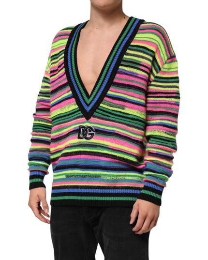 Dolce & Gabbana Multicolor DG Logo V-Neck Knit Pullover Sweater
