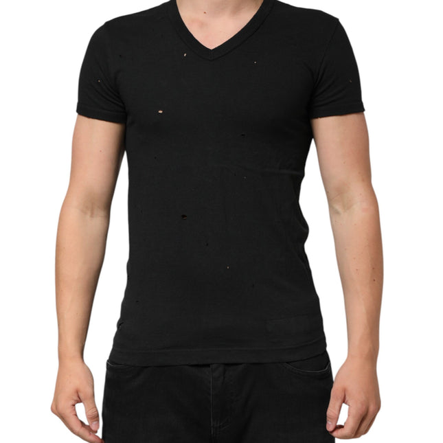 Dolce & Gabbana Black Cotton Tattered Logo V-Neck Men T-shirt