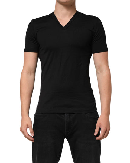Dolce & Gabbana Black Cotton Plain V-Neck Men Shirt T-shirt