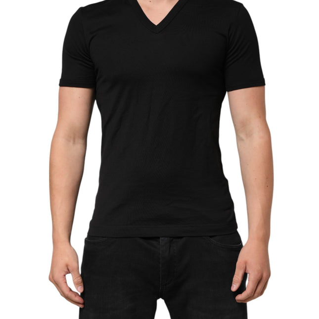 Dolce & Gabbana Black Cotton Plain V-Neck Men Shirt T-shirt