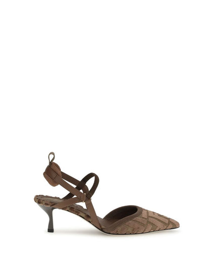 Fendi Brown Fabric Mid Heel Pumps