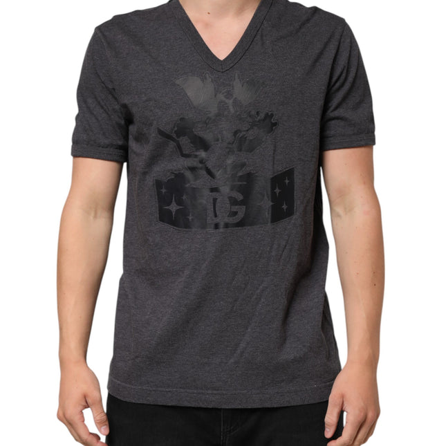 Dolce & Gabbana Black Charcoal DG Logo V-Neck Men T-shirt