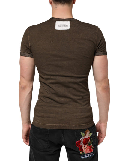 Dolce & Gabbana Dark Brown Cotton Tattered Logo Men T-shirt