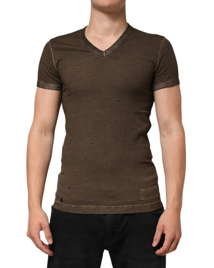 Dolce & Gabbana Dark Brown Cotton Tattered Logo Men T-shirt