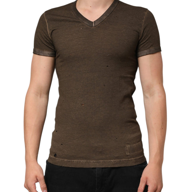 Dolce & Gabbana Dark Brown Cotton Tattered Logo Men T-shirt