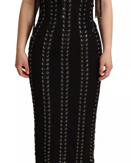 Dolce & Gabbana Black Cady Sleeveless Lace Up Bodycon Dress