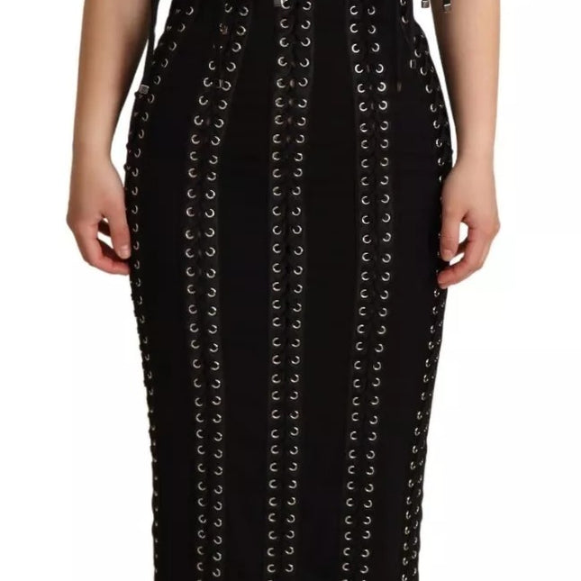 Dolce & Gabbana Black Cady Sleeveless Lace Up Bodycon Dress