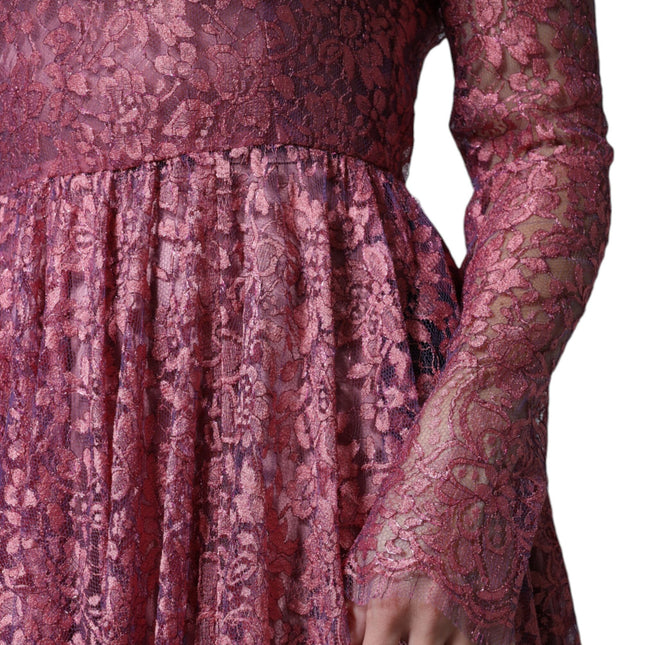 Dolce & Gabbana Pink Floral Lace Long Sleeve Midi Dress