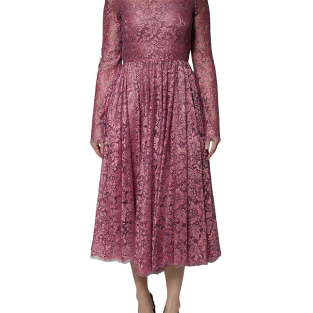 Dolce & Gabbana Pink Floral Lace Long Sleeve Midi Dress