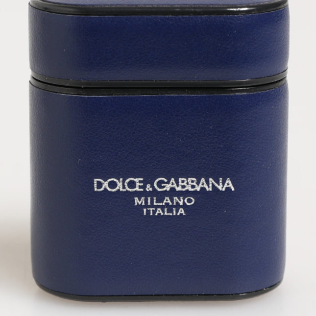 Dolce & Gabbana Blue Leather Logo Print Flip Holder Men Airpods Case