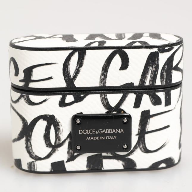 Dolce & Gabbana Black White Leather Monogram Print Logo Holder Airpods Case