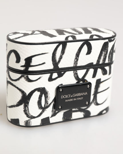 Dolce & Gabbana Black White Leather Monogram Print Logo Holder Airpods Case