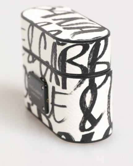 Dolce & Gabbana Black White Leather Monogram Print Logo Holder Airpods Case