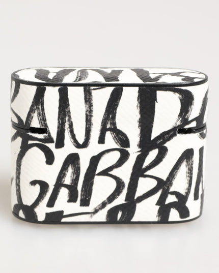 Dolce & Gabbana Black White Leather Monogram Print Logo Holder Airpods Case