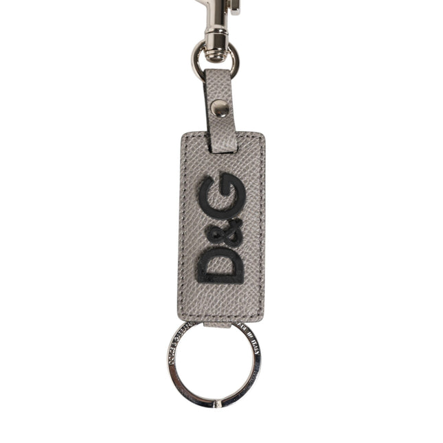 Dolce & Gabbana Gray Leather Logo Metal Ring Keychain Holder Keyring