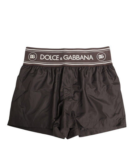 Dolce & Gabbana Brown Polyester Logo Elastic Waistband Swimwear