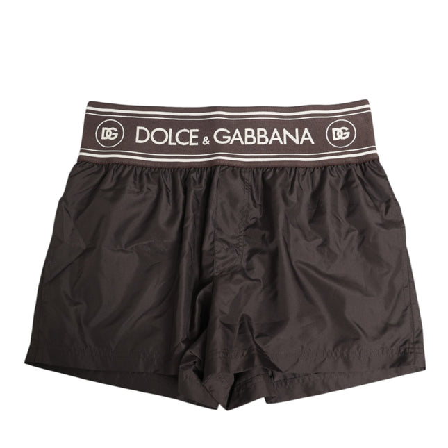 Dolce & Gabbana Brown Polyester Logo Elastic Waistband Swimwear