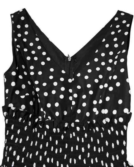 Dolce & Gabbana Black White Cotton Polka Dot Print V Neck Dress