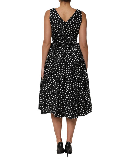 Dolce & Gabbana Black White Cotton Polka Dot Print V Neck Dress