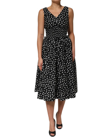 Dolce & Gabbana Black White Cotton Polka Dot Print V Neck Dress