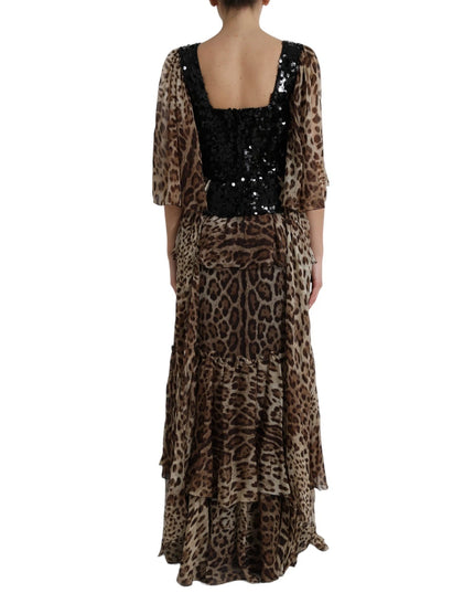 Dolce & Gabbana Leopard Print Silk Sequin Ruffle Maxi Dress