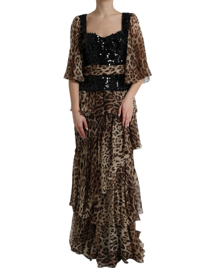 Dolce & Gabbana Leopard Print Silk Sequin Ruffle Maxi Dress