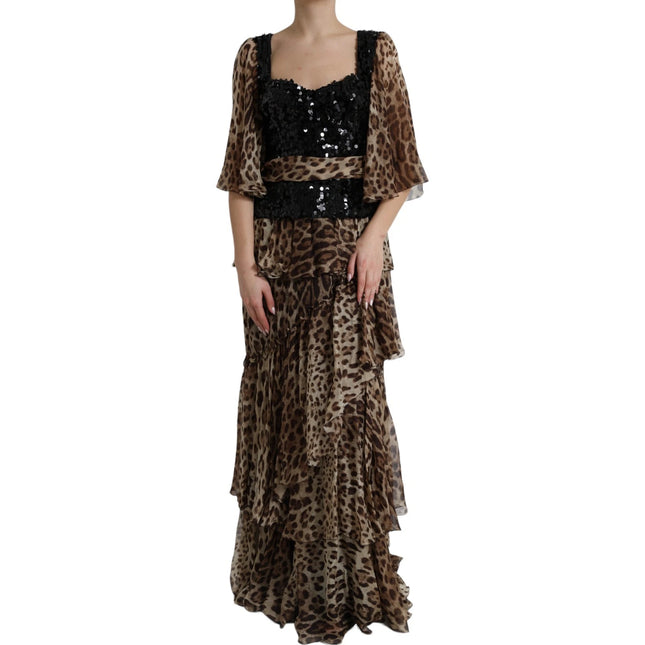 Dolce & Gabbana Leopard Print Silk Sequin Ruffle Maxi Dress