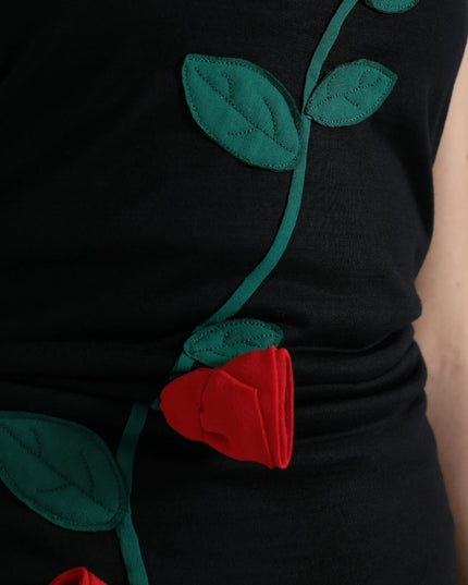Dolce & Gabbana Black Wool Sleeveless Rose Applique Dress