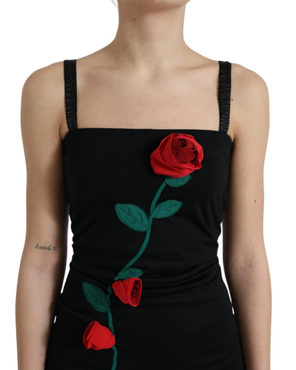 Dolce & Gabbana Black Wool Sleeveless Rose Applique Dress