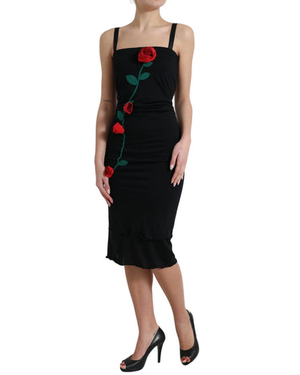 Dolce & Gabbana Black Wool Sleeveless Rose Applique Dress