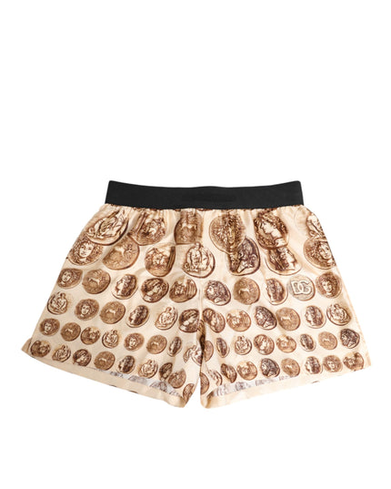 Dolce & Gabbana Brown Ancient Coin Print Silk Shorts Swimwear