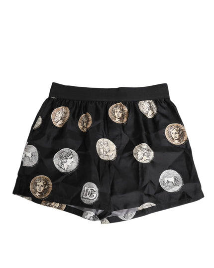 Dolce & Gabbana Black Silk Ancient Coin Print Boxer Short Swimwear