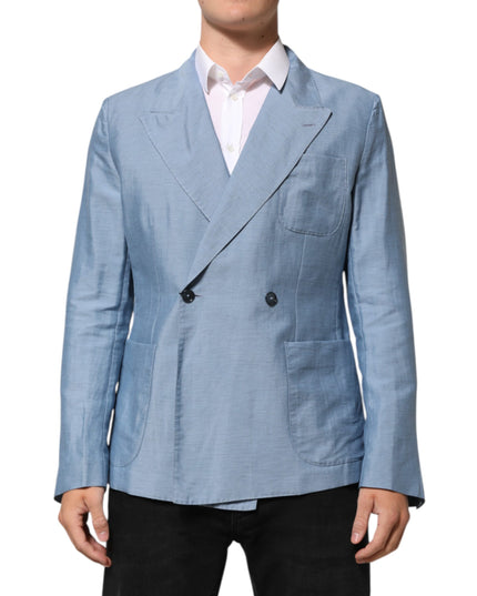 Dolce & Gabbana Light Blue Linen Double Breasted Men Jacket Blazer