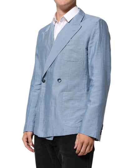 Dolce & Gabbana Light Blue Linen Double Breasted Men Jacket Blazer