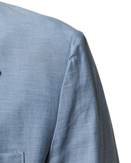 Dolce & Gabbana Light Blue Linen Double Breasted Men Jacket Blazer