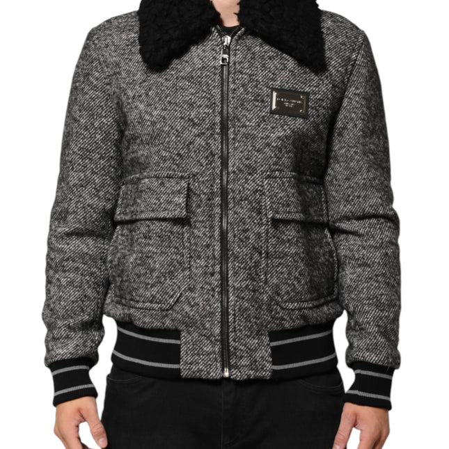 Dolce & Gabbana Gray Wool Herringbone Shearling Collar Bomber Jacket