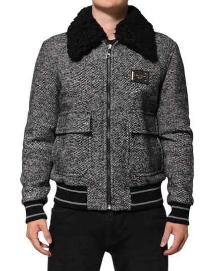 Dolce & Gabbana Gray Wool Herringbone Shearling Collar Bomber Jacket