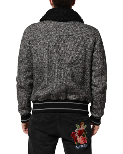 Dolce & Gabbana Gray Wool Herringbone Shearling Collar Bomber Jacket