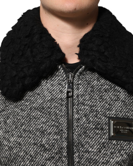 Dolce & Gabbana Gray Wool Herringbone Shearling Collar Bomber Jacket